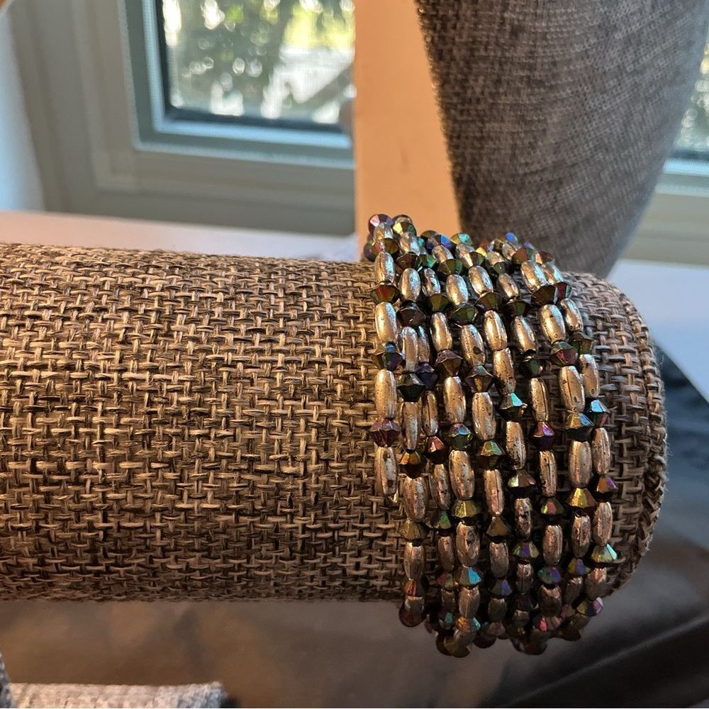 Silver Beads and Black AB Crystals Memory Wire Bracelet